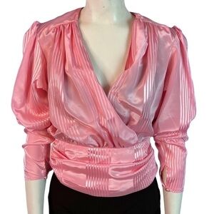 VINTAGE SILKY  TOUCH WRAP HEART TOP BARBIE PINK POLYESTER TOP PLUNGING NECK TOP